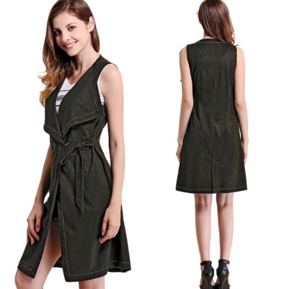 Deep Olive Sueded Sleeveless Midi Duster Vest - Picture 1 of 6